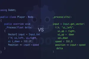 Comparação visual entre código C# e GDScript no Godot Engine