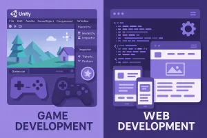 Comparação visual entre desenvolvimento de jogos e programação web