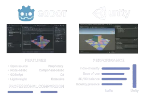 Comparação side-by-side entre Godot Engine e Unity logos e interfaces