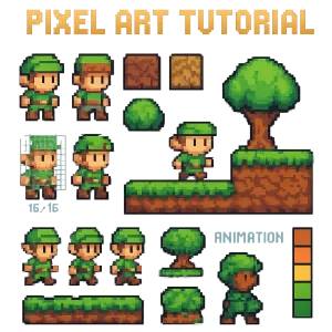Tutorial de pixel art mostrando processo de criação de personagem de jogo