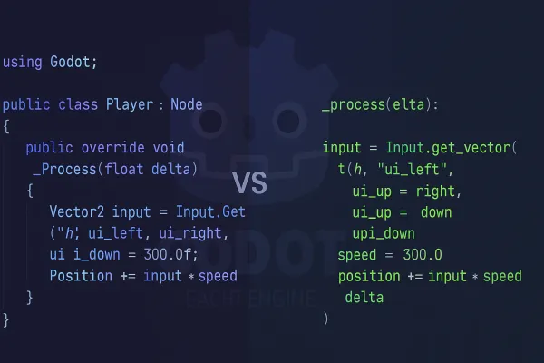 Comparação visual entre código C# e GDScript no Godot Engine