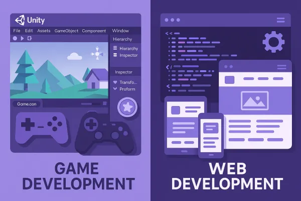 Comparação visual entre desenvolvimento de jogos e programação web
