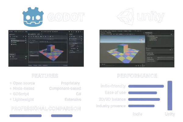 Comparação side-by-side entre Godot Engine e Unity logos e interfaces