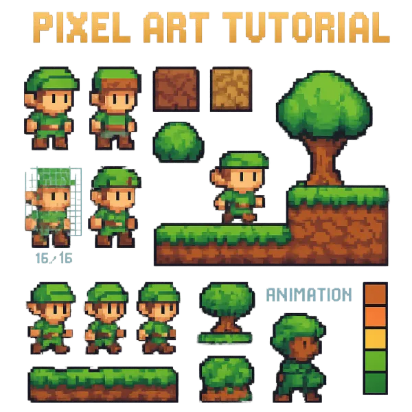Tutorial de pixel art mostrando processo de criação de personagem de jogo