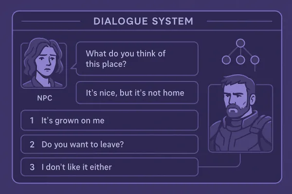 Interface de sistema de diálogo em jogo mostrando caixas de texto, avatares de personagens e opções de escolha