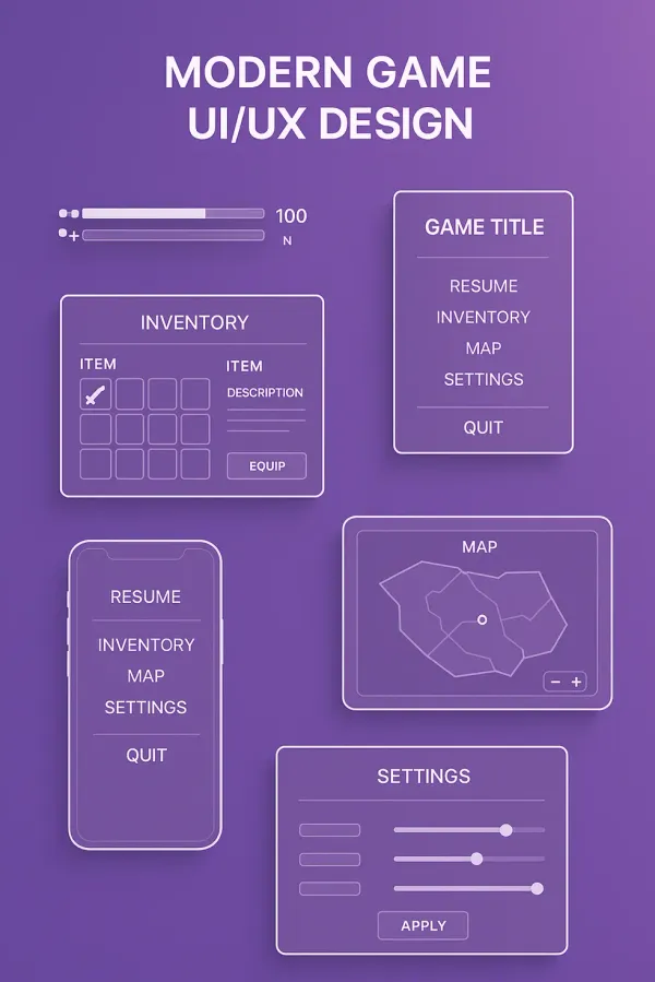 Interface de jogo moderna mostrando HUD minimalista, menus intuitivos e elementos de UI responsivos