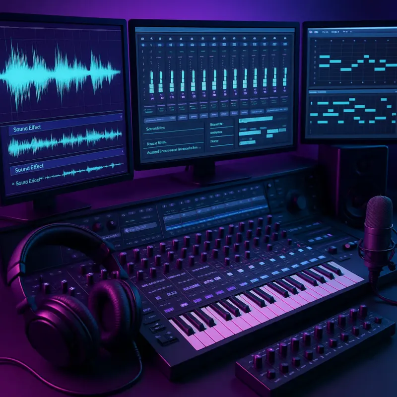 Interface de audio design mostrando waveforms, mixagem de sons e implementação em game engine