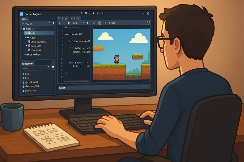 Desenvolvedor criando um jogo do zero na interface do Godot Engine