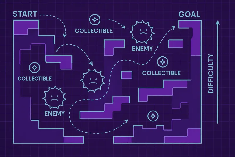 Diagrama de level design mostrando flow e estrutura de um nível de jogo
