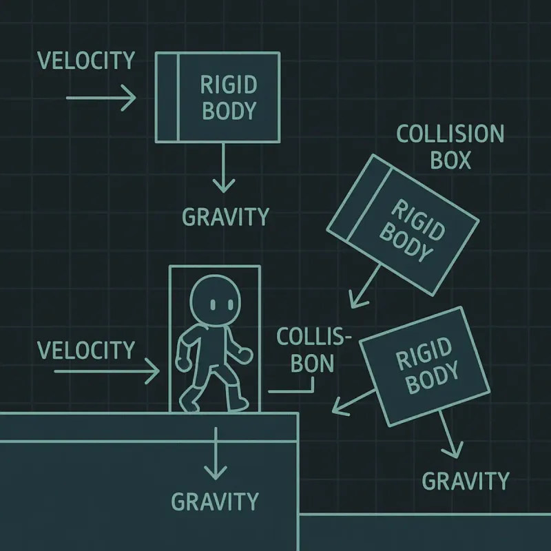 Diagrama explicativo de física e colisões no Godot Engine