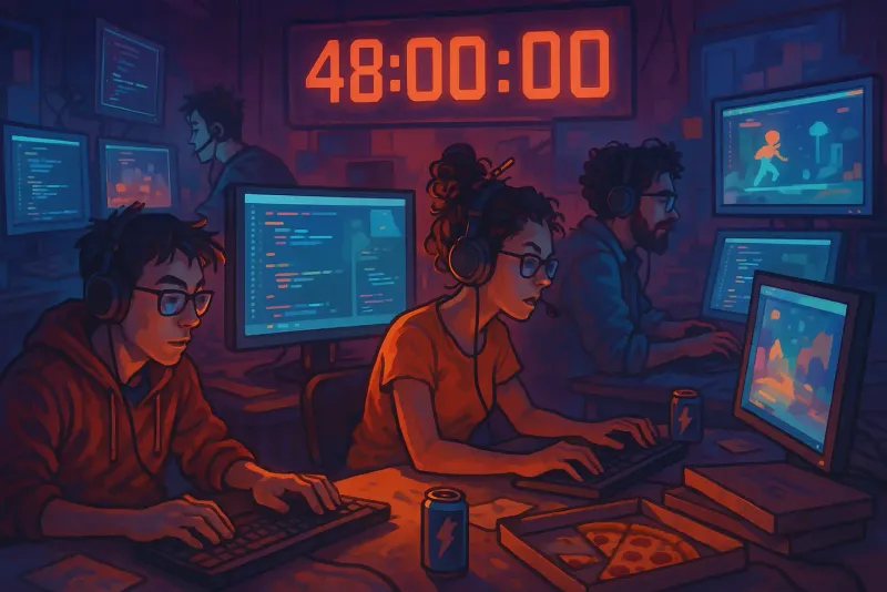 Desenvolvedores trabalhando intensamente em game jam, telas mostrando código e arte de jogos em desenvolvimento