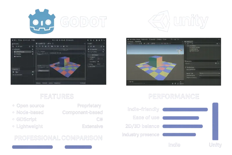 Comparação side-by-side entre Godot Engine e Unity logos e interfaces