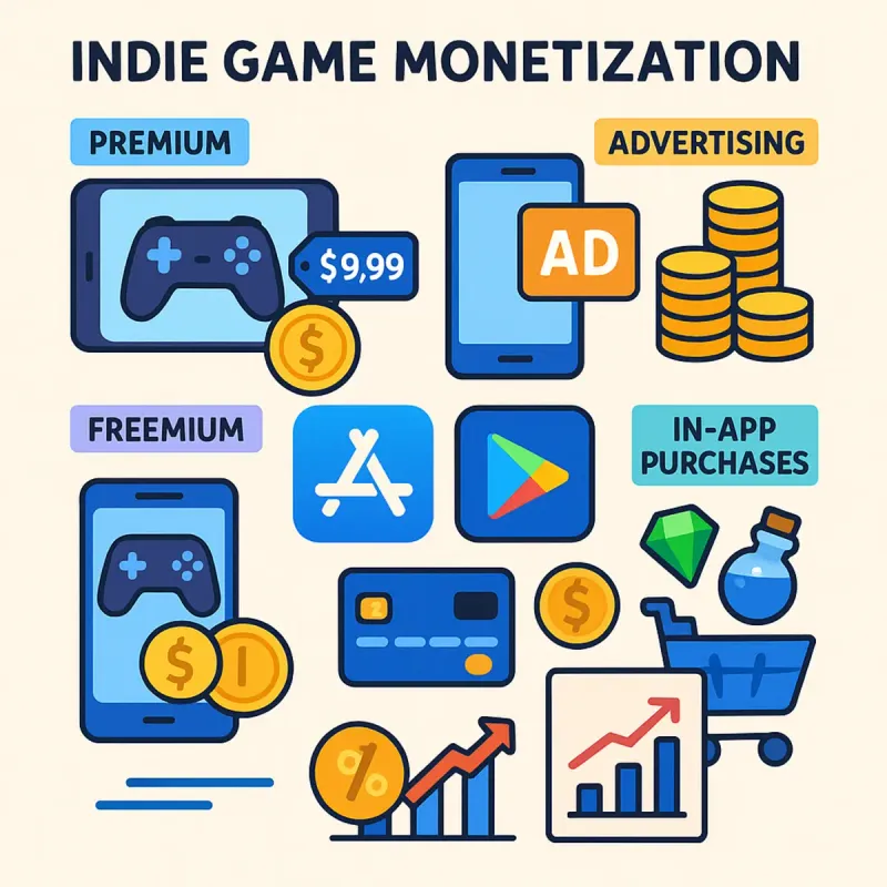 Infográfico mostrando diferentes modelos de monetização para jogos indie