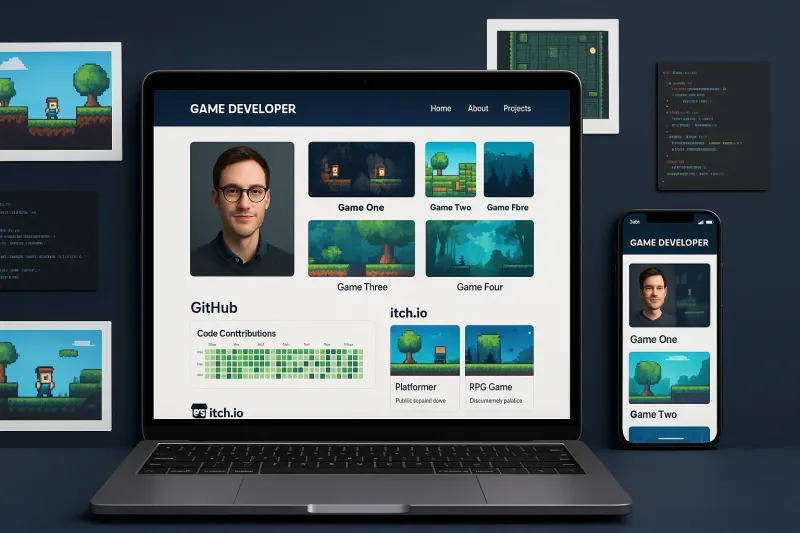 Portfolio de desenvolvedor de jogos mostrando projetos, código no GitHub, jogos publicados e apresentação profissional