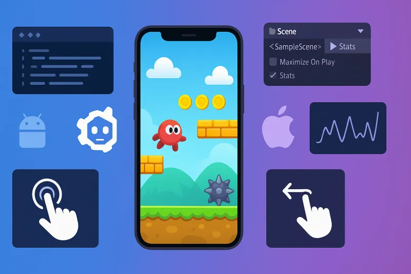 Smartphone mostrando jogo mobile sendo desenvolvido com interface de desenvolvimento