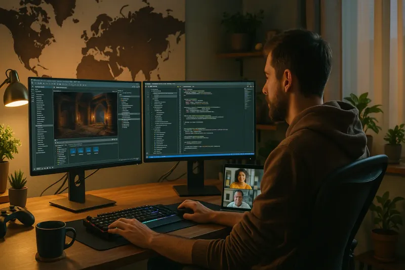 Desenvolvedor de jogos trabalhando remotamente em home office