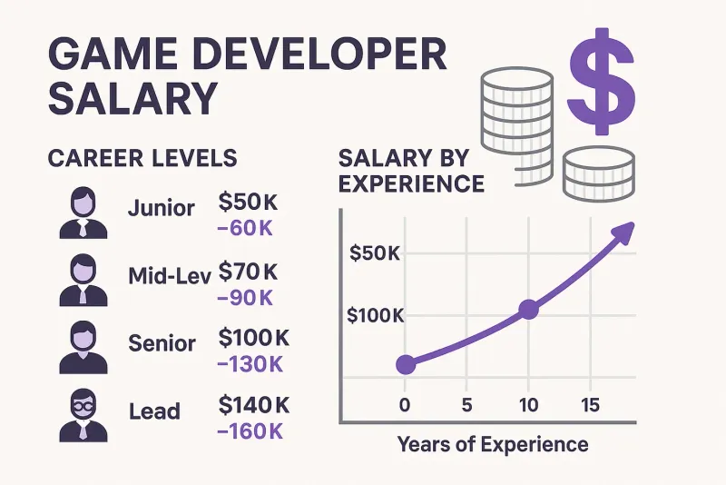 Infográfico mostrando salários de desenvolvedores de jogos em 2025