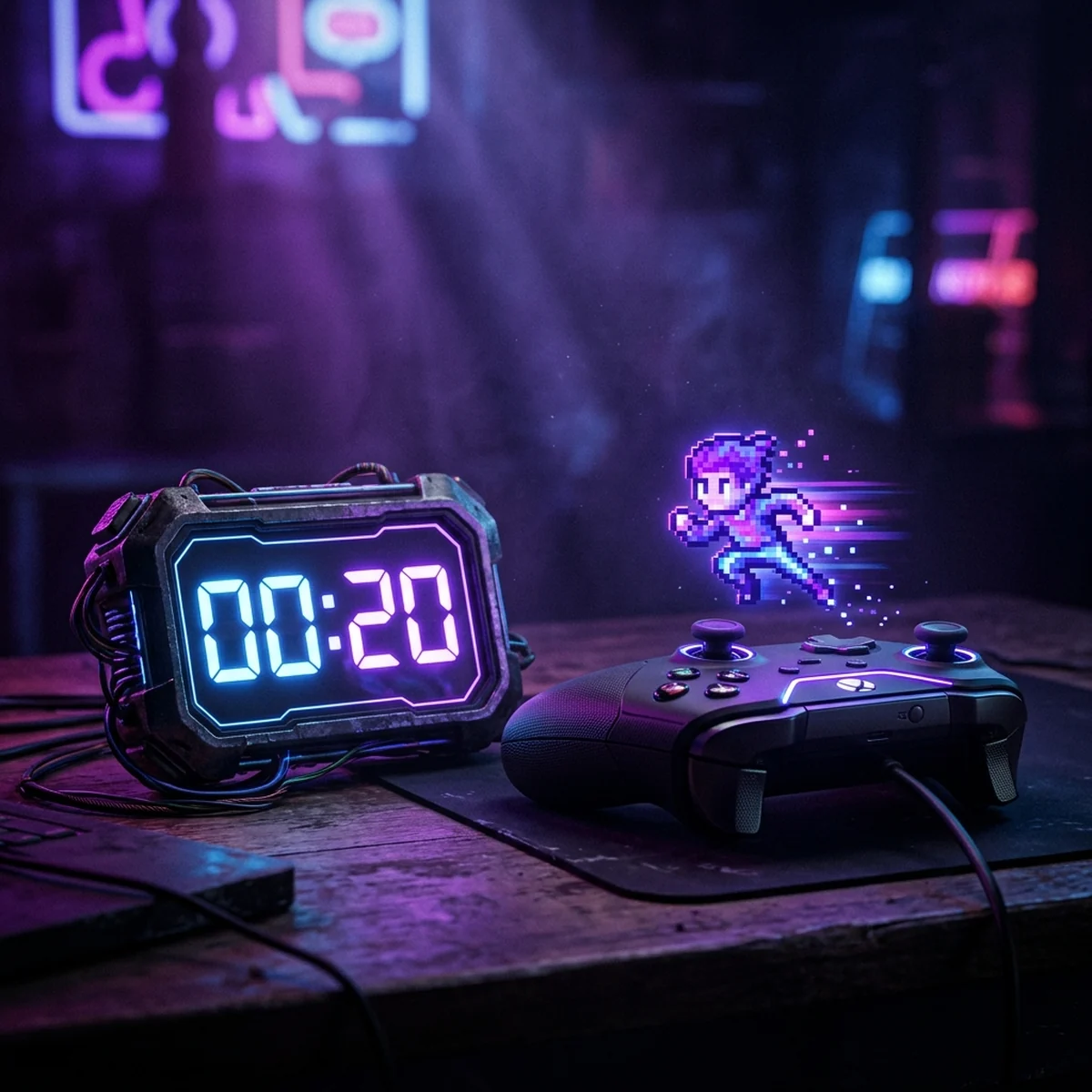 Cronômetro digital marcando vinte segundos ao lado de um controle de videogame com luzes neon