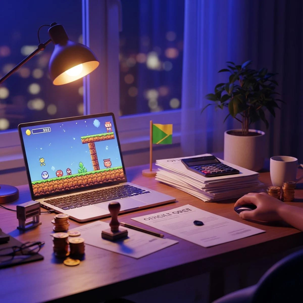 Mesa de home office de desenvolvedor indie com jogo na tela, calculadora, moedas e documentos de abertura de empresa