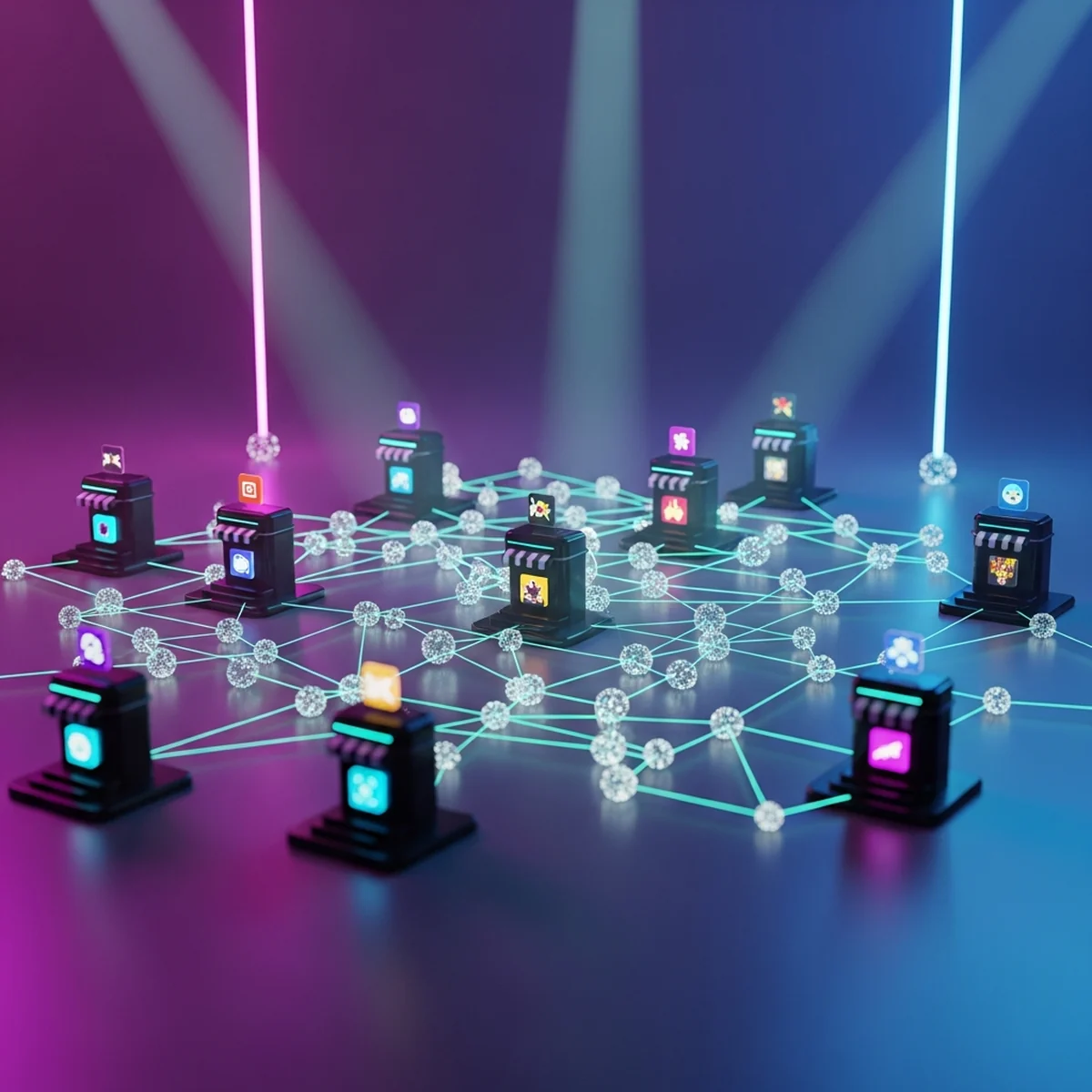 Vitrine digital de uma loja de jogos com engrenagens conectando capsules de jogos a grupos de jogadores