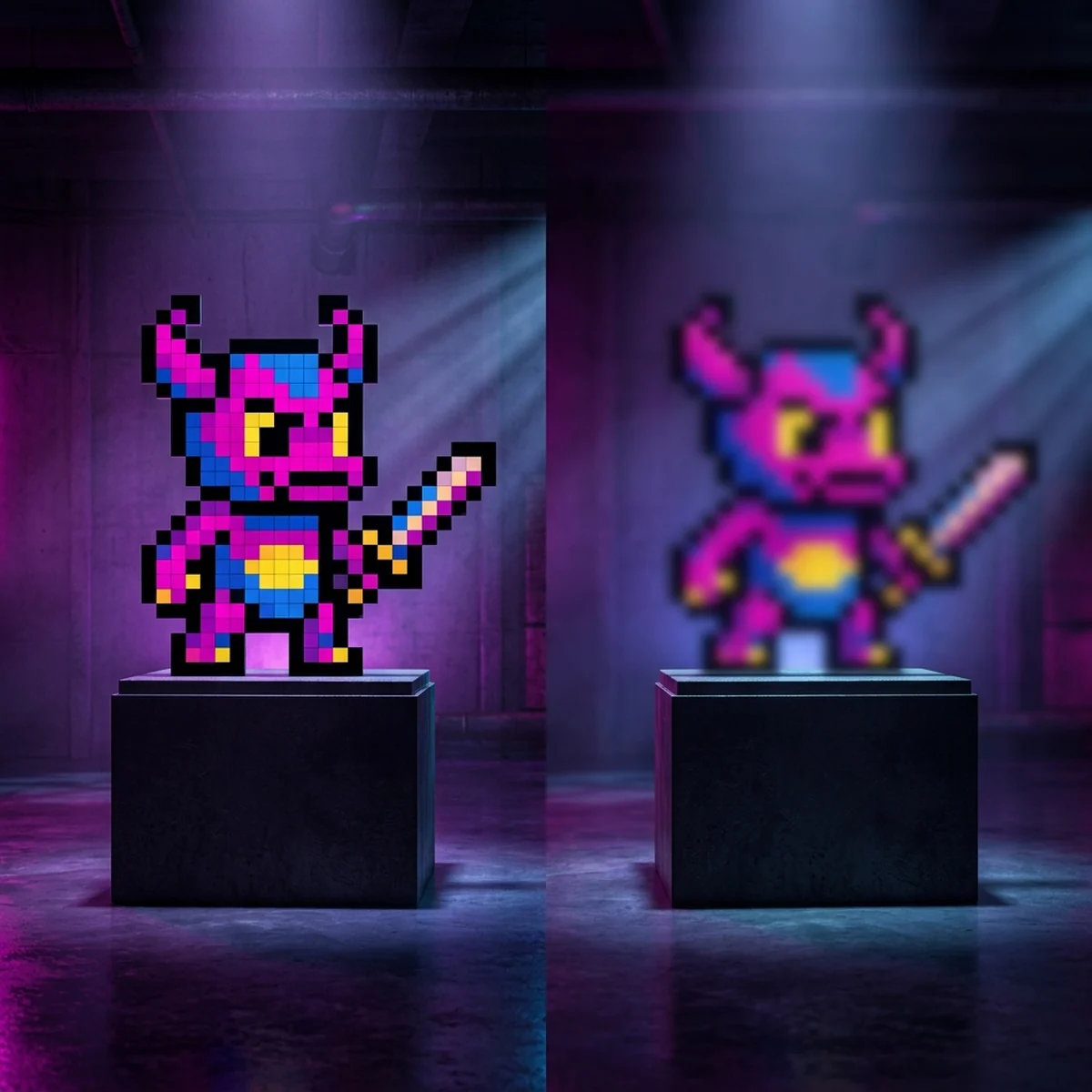 Sprite pequeno de pixel art ampliado com pixels nitidos ao lado de uma versao borrada, comparacao lado a lado