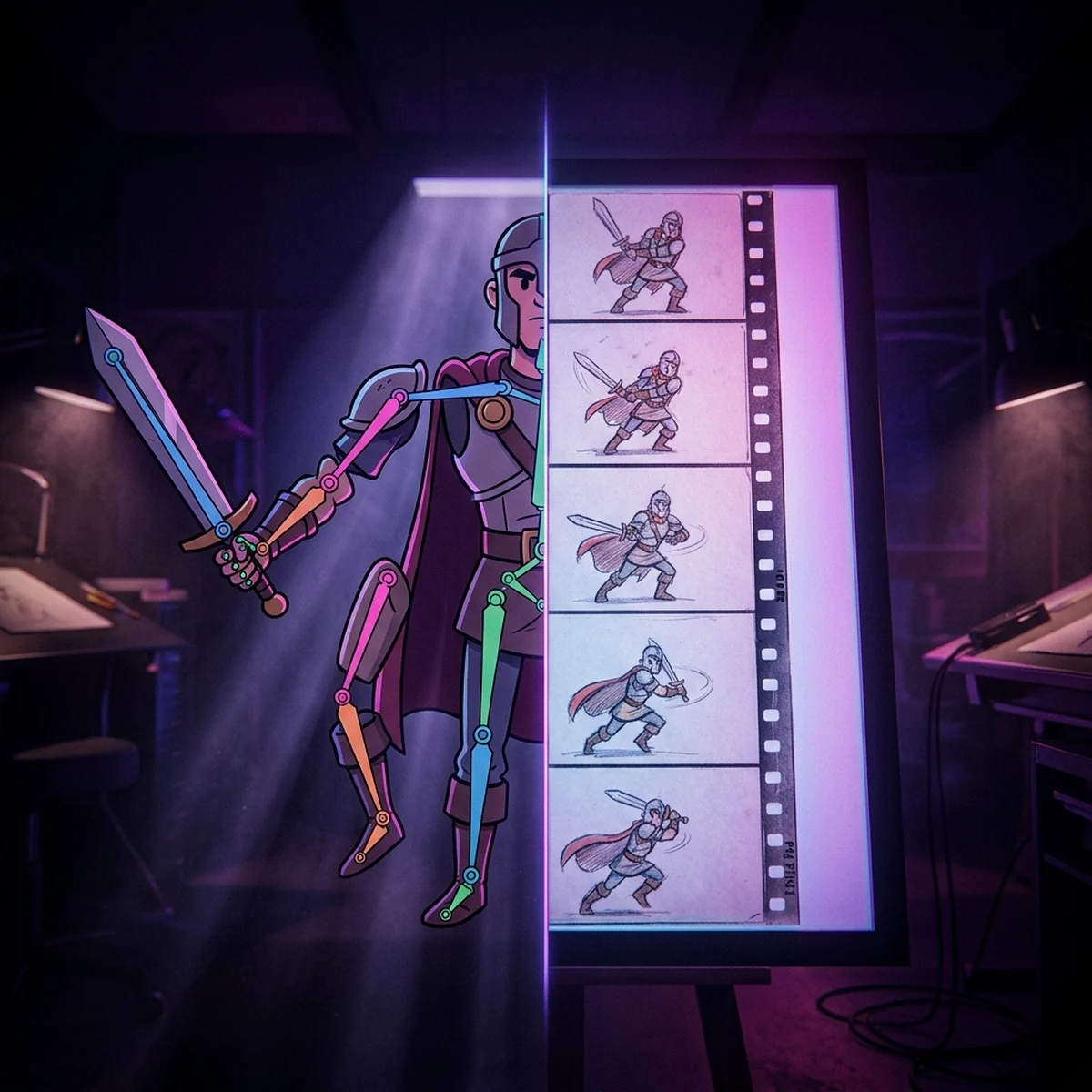 Personagem 2D dividido ao meio: de um lado com ossos e articulações sobre as partes do corpo, do outro como uma sequência de desenhos quadro a quadro