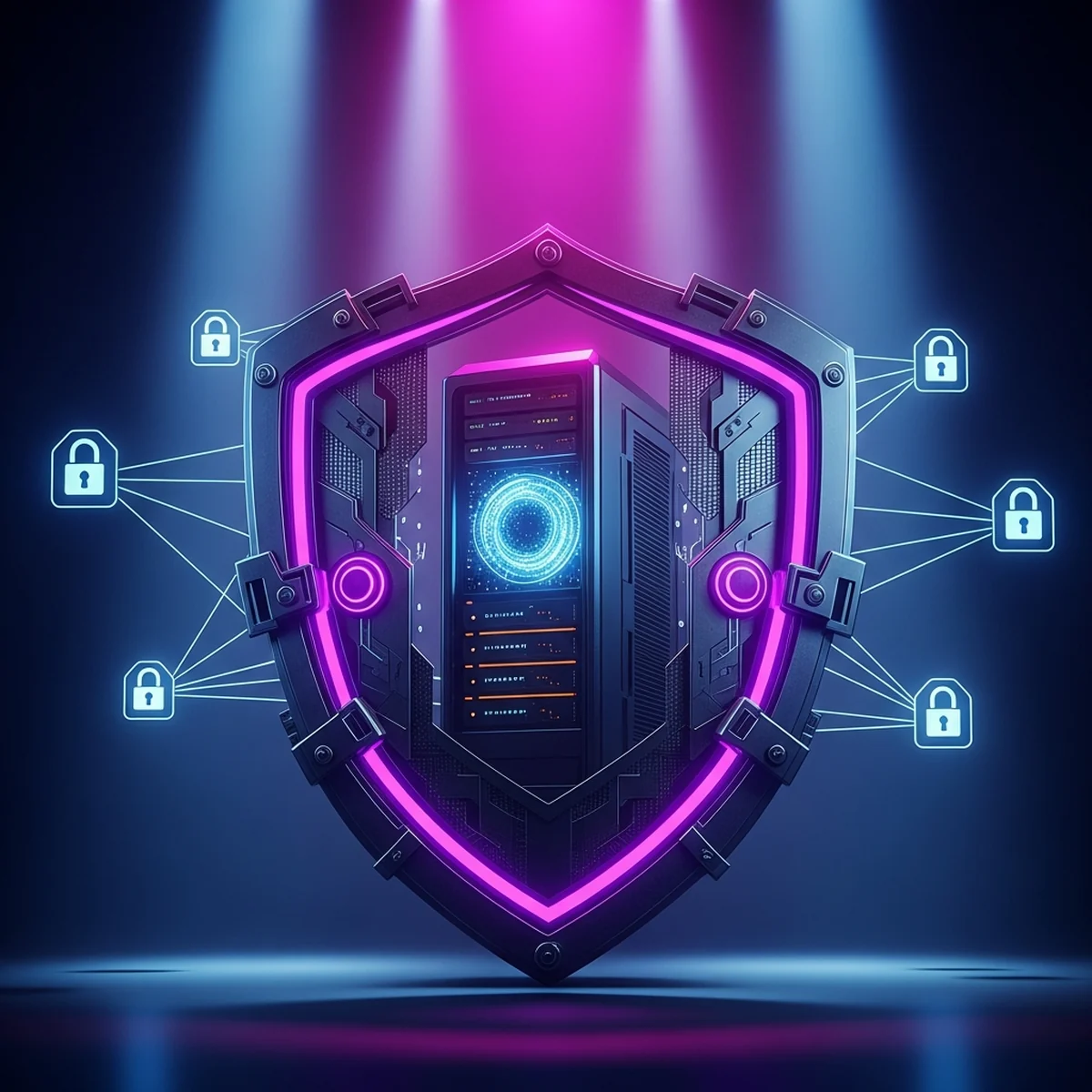 Escudo digital protegendo um servidor de jogo, com nós de rede conectados por cadeados em tons de azul escuro