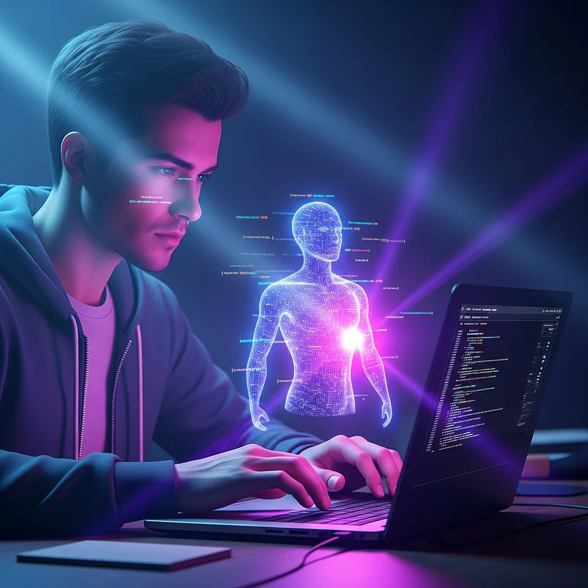 Pessoa estudando programacao de jogos com a ajuda de uma ferramenta de inteligencia artificial