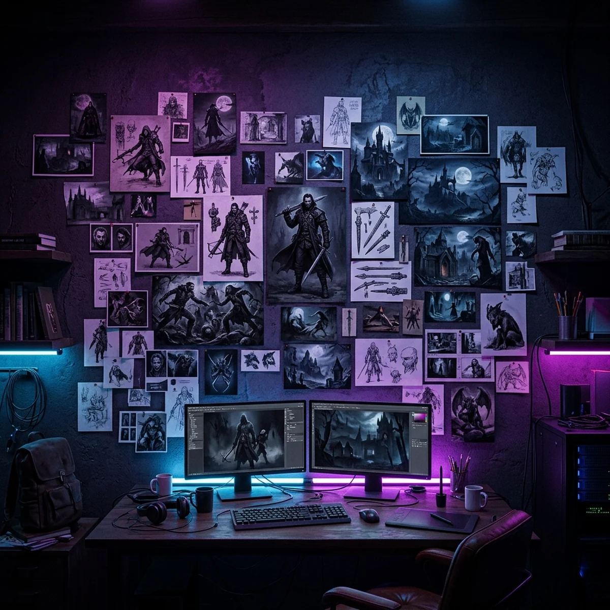 Logo da Arkane Lyon ao lado de uma sala de estudio com estacoes de trabalho, sob a sombra do logo da Microsoft