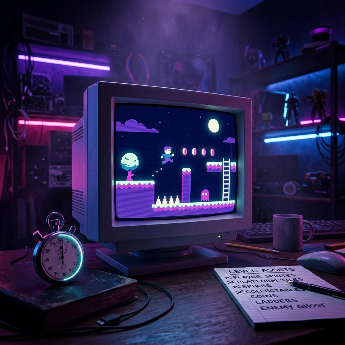 Tela de jogo simples em pixel art com paleta de 4 cores, ao lado de um cronômetro e uma lista de assets riscada