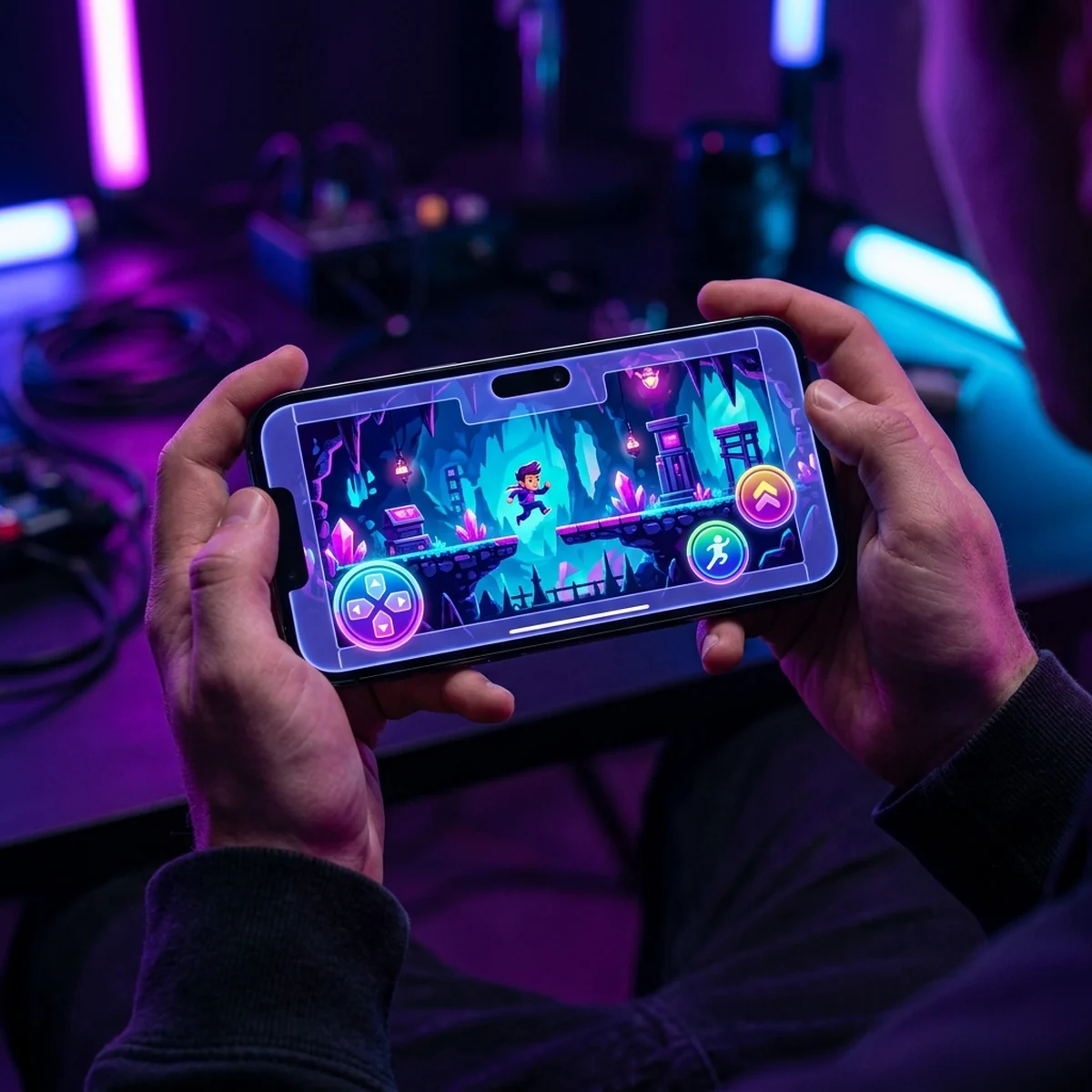 Celular na vertical mostrando um jogo 2D com botões grandes nos cantos e uma grade marcando a área segura
