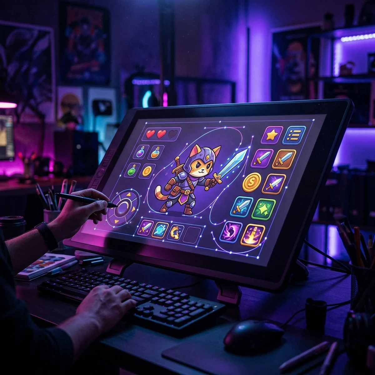 Tela do Inkscape com arte vetorial de personagem flat e icones de jogo sendo editados por curvas
