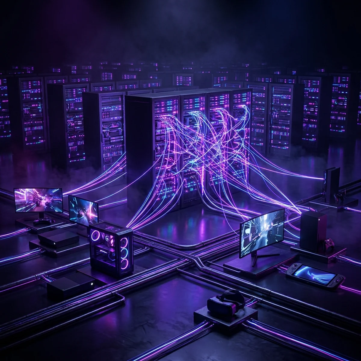 Diagrama de servidores e nuvens conectados a varios dispositivos de jogo sobre fundo escuro em luz neon
