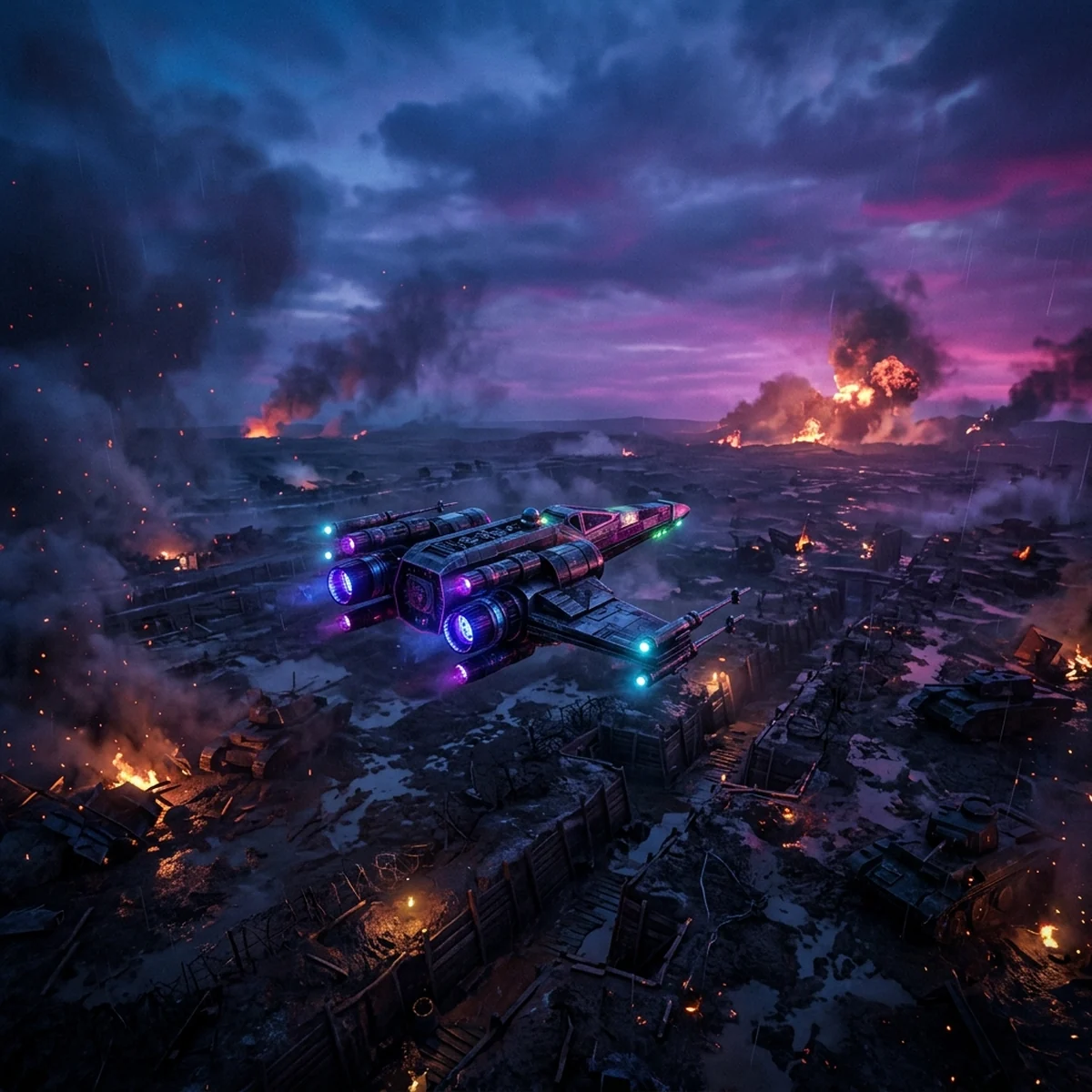 Nave estelar sobrevoando um campo de batalha ao pôr do sol em estilo cinematográfico com iluminação neon