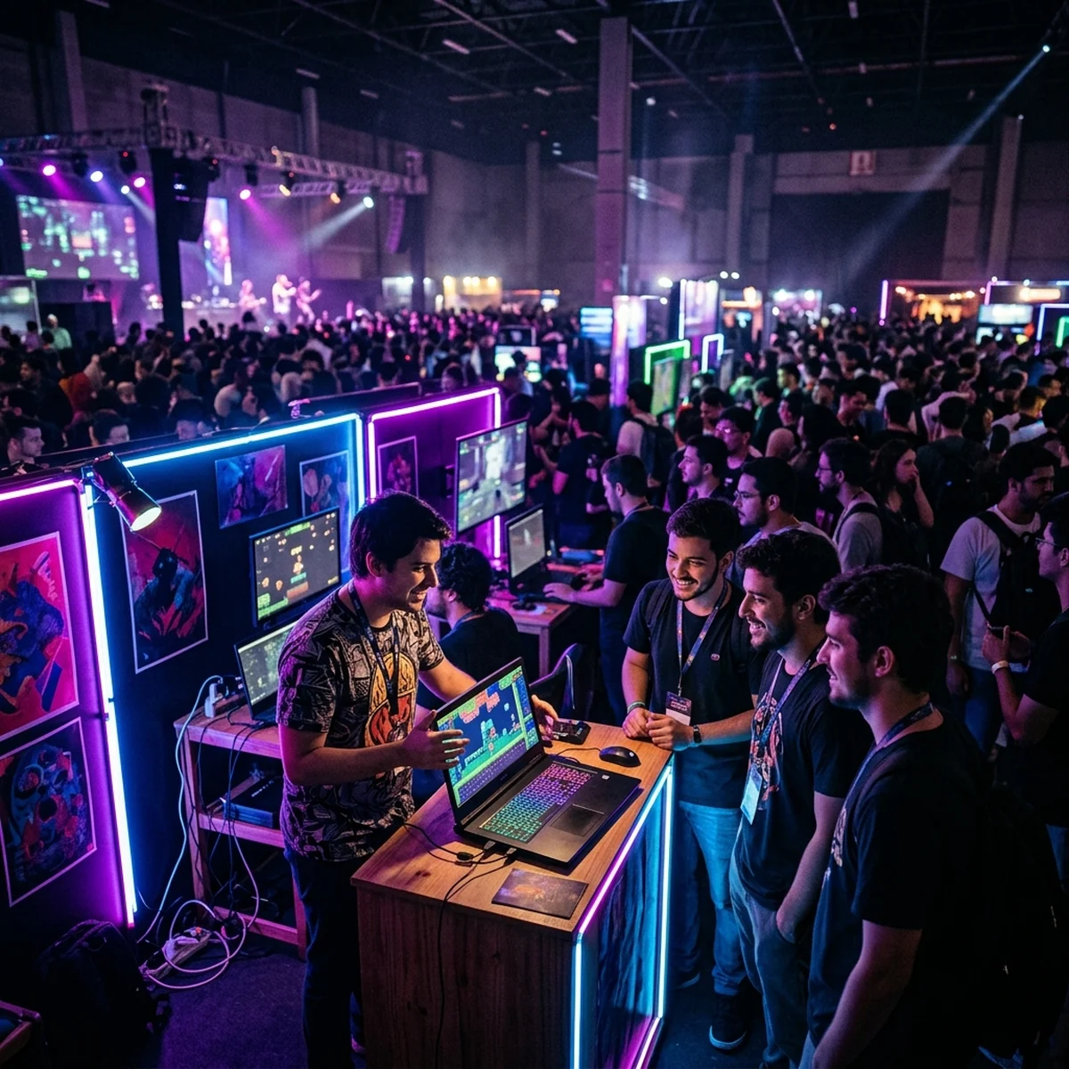 Desenvolvedor indie mostrando a demo do seu jogo em um notebook para outro profissional em meio ao corredor movimentado de um grande evento de games