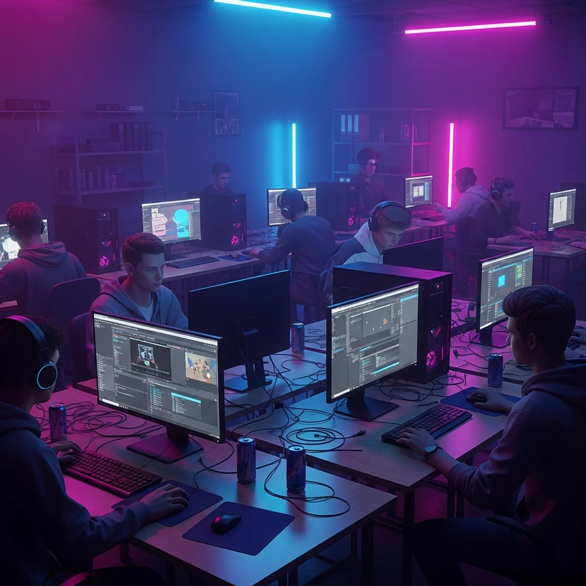 Pessoa estudando programação de jogos em um notebook com anotações ao lado