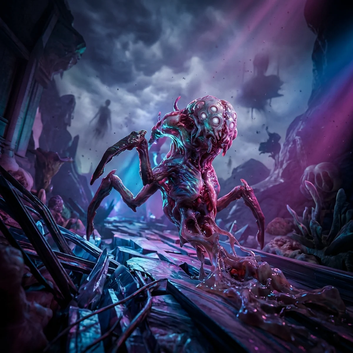 Criatura surreal em constante transformação atravessando um cenário onírico e perturbador em estilo de horror psicológico