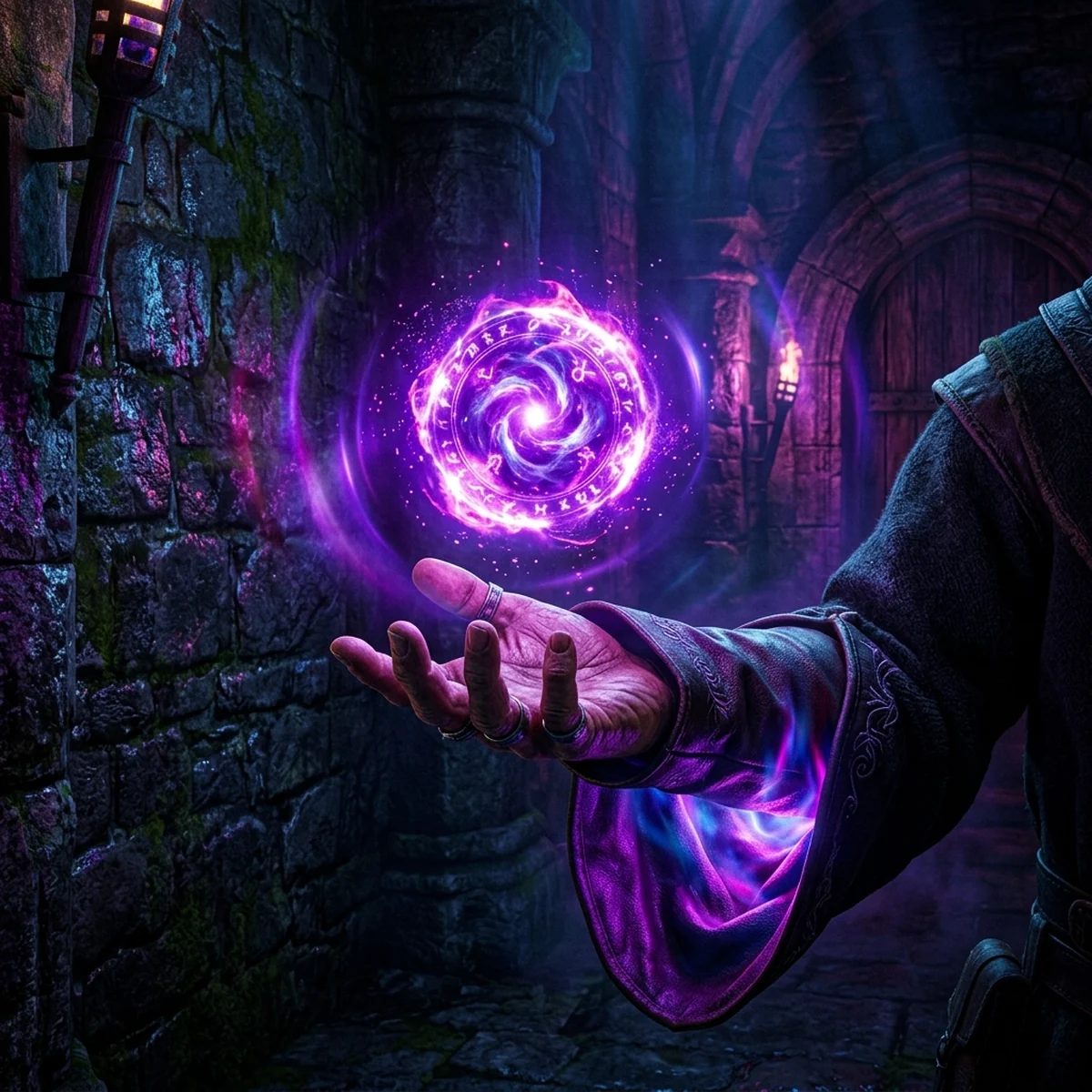Orbe mágico roxo brilhando na mão de um personagem num cenário escuro, com halo saturado e luz roxa refletida no rosto e na roupa
