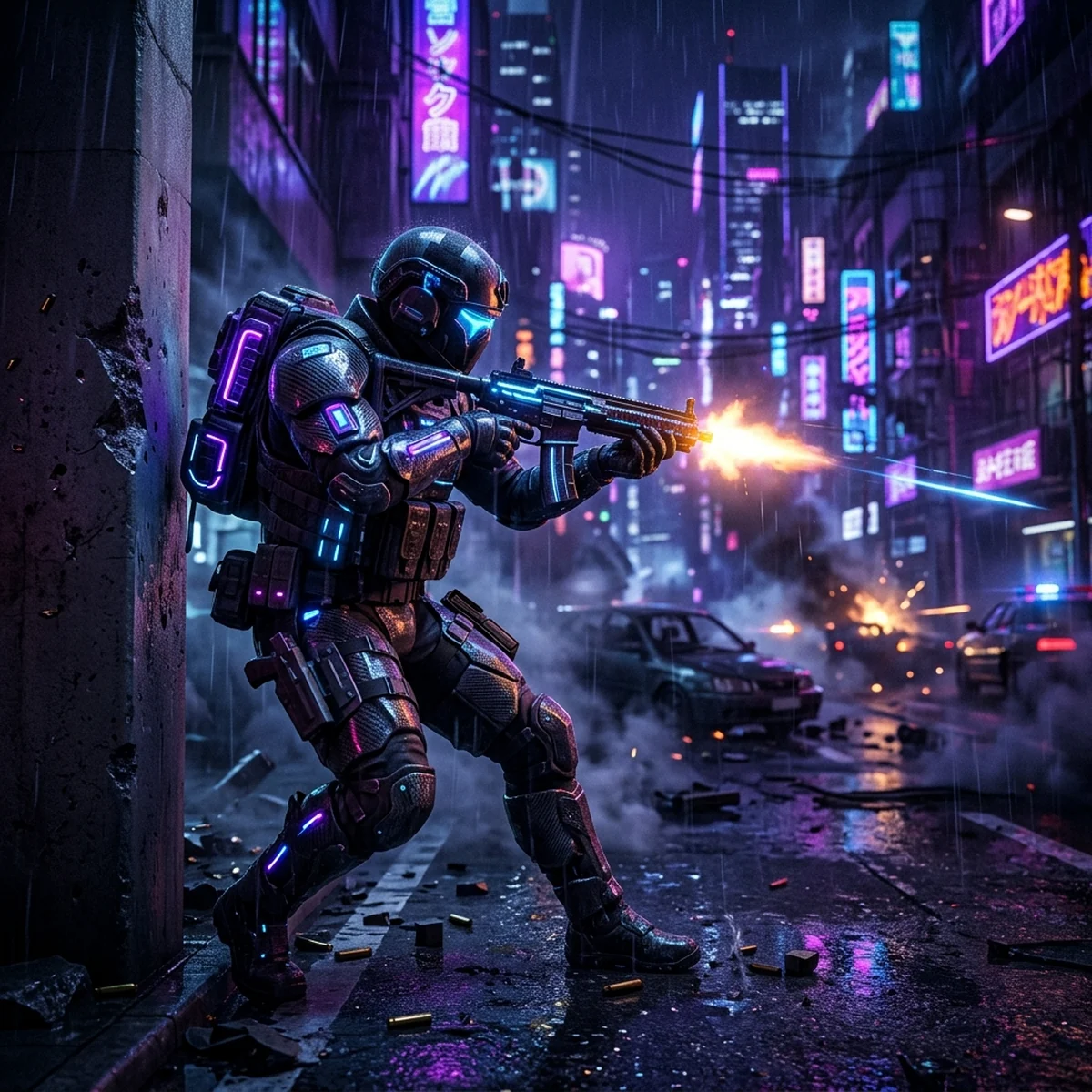 Soldado em combate urbano noturno iluminado por luzes de neon em cenario de jogo de tiro