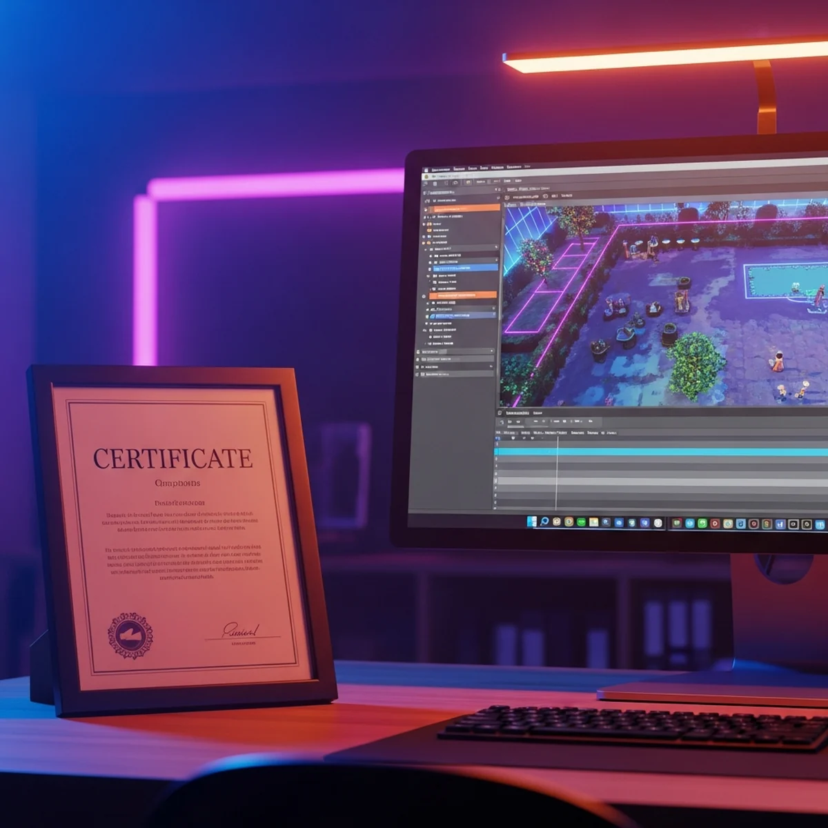 Certificado de curso de jogos sobre a mesa ao lado de um computador exibindo um jogo em desenvolvimento