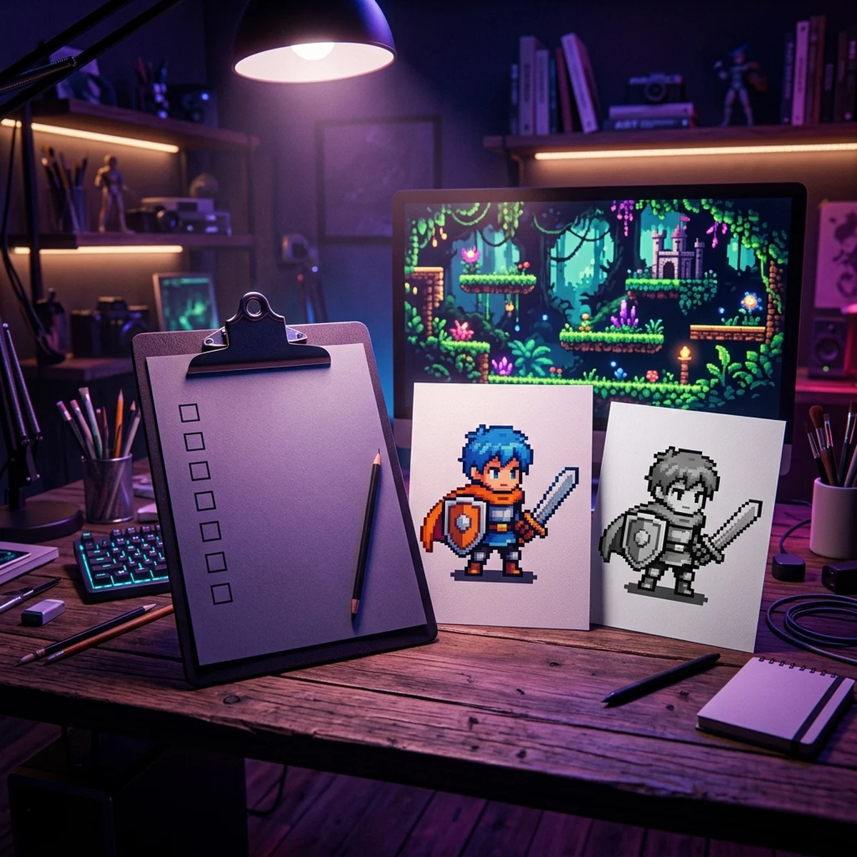 Prancheta com uma lista de verificação ao lado de um sprite de personagem em cores e o mesmo sprite em tons de cinza