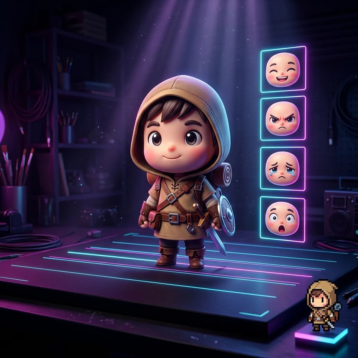 Personagem chibi de cabeça grande e corpo curto com quatro pequenas variações de expressão ao lado