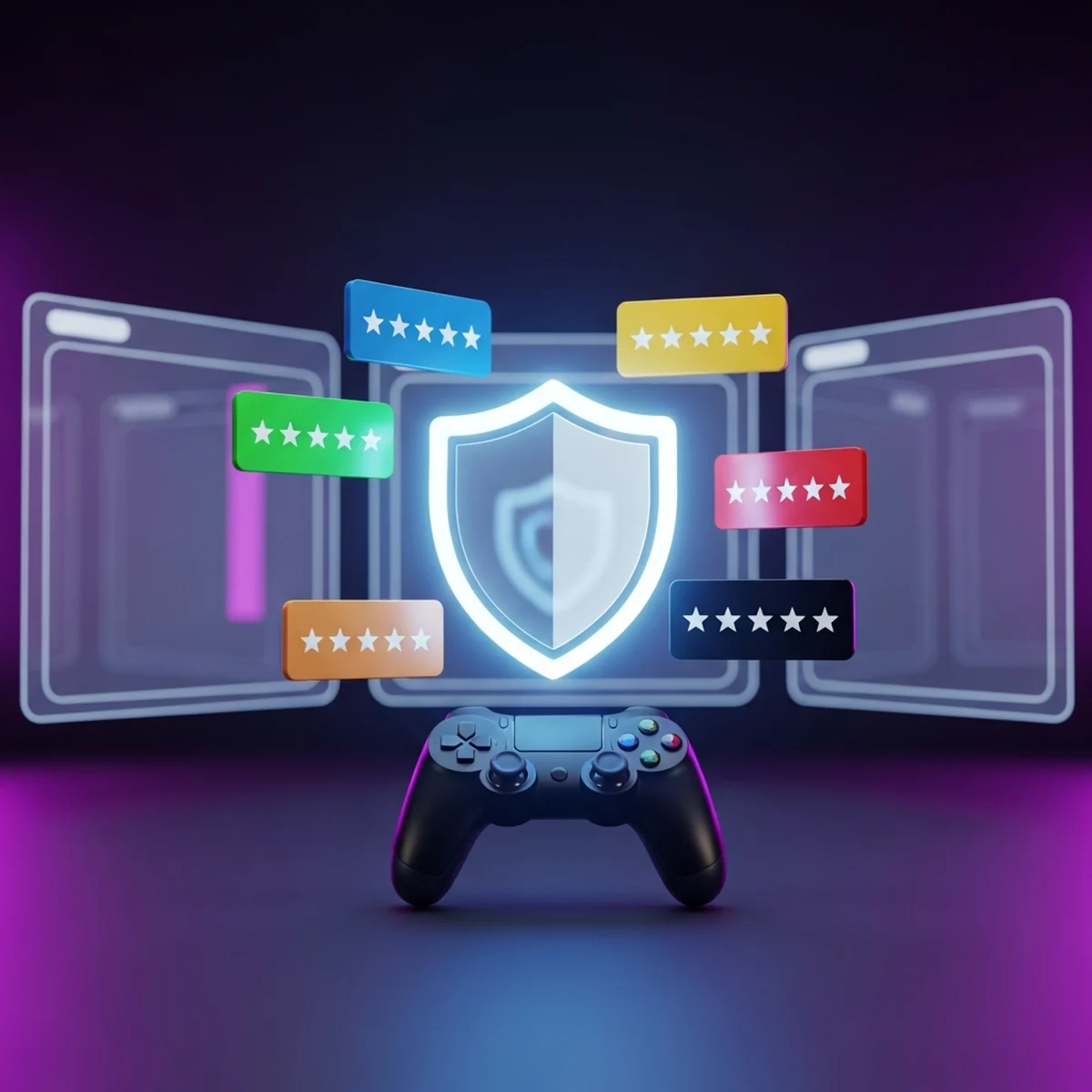 Selos coloridos de classificação etária ao lado de um controle de videogame e vitrines de lojas digitais