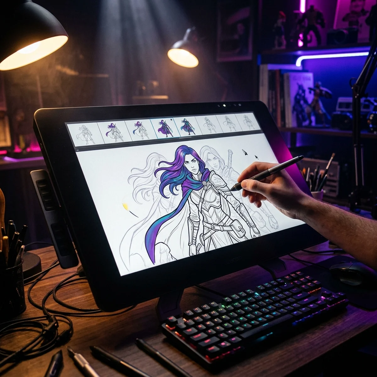 Mesa digitalizadora com um personagem de jogo em linha limpa sendo colorido, ao lado de uma timeline de animação com poucos quadros