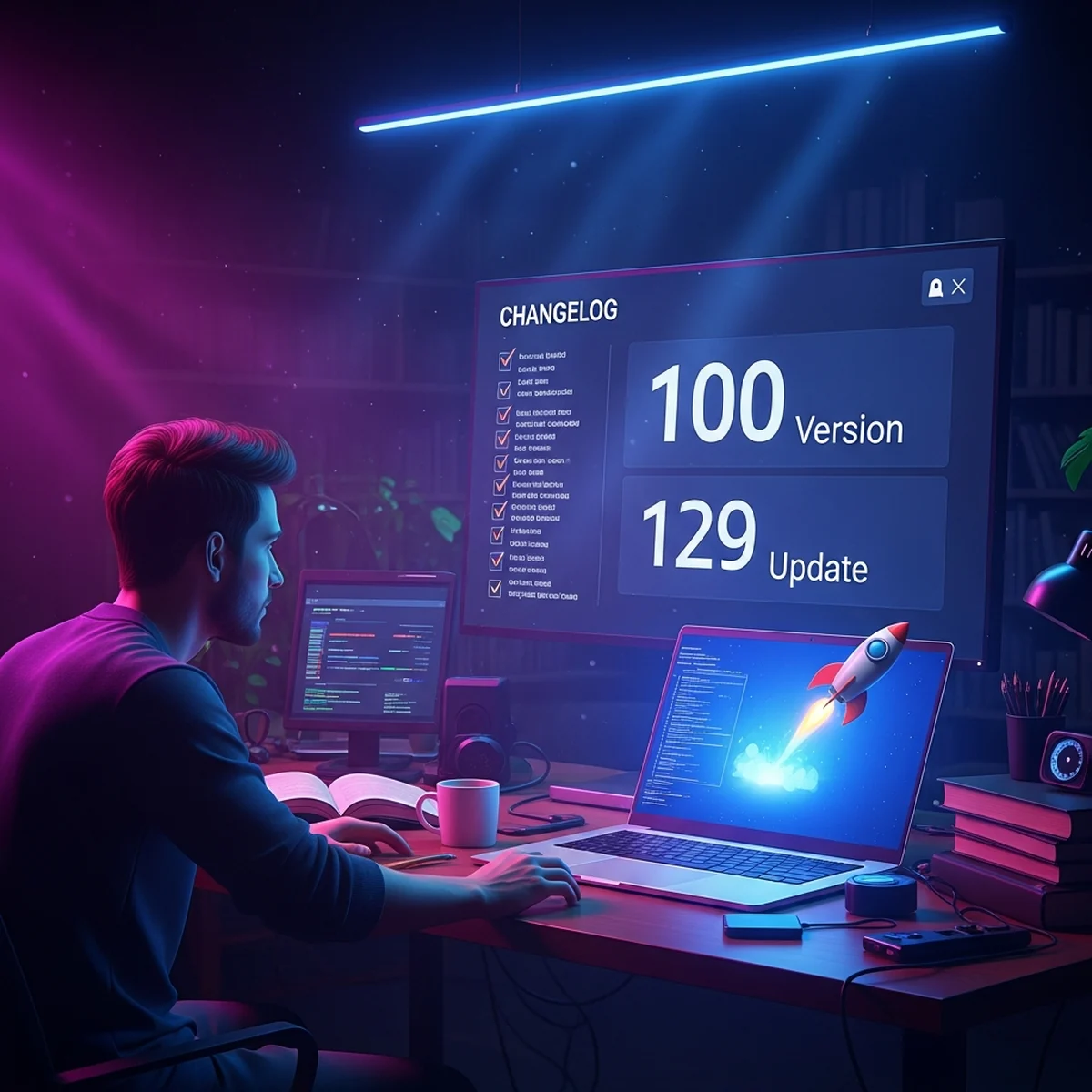 Desenvolvedor publicando atualização de jogo, tela com números de versão e checklist de changelog ao lado