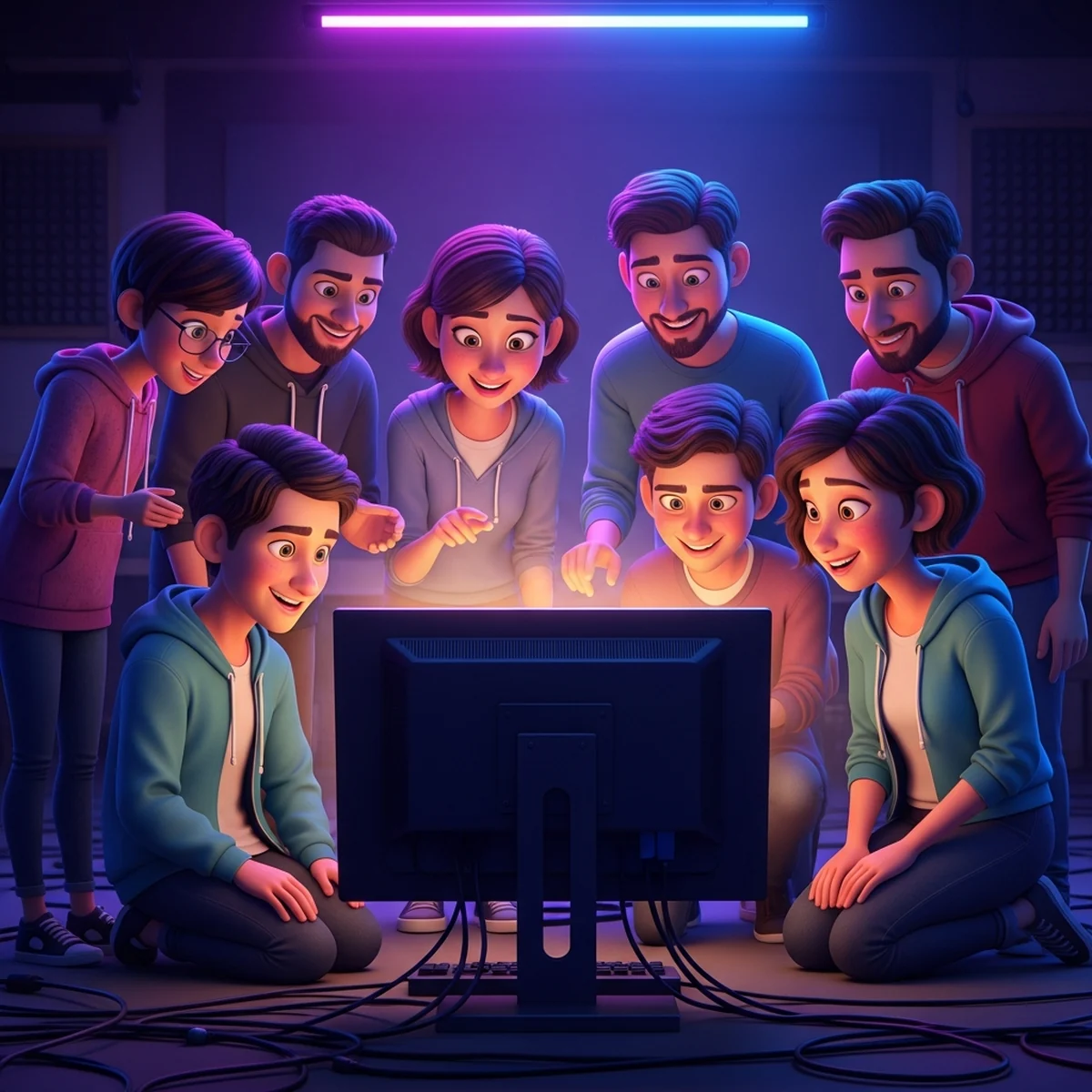 Desenvolvedor indie mostrando seu jogo em uma tela para uma pequena comunidade reunida ao redor