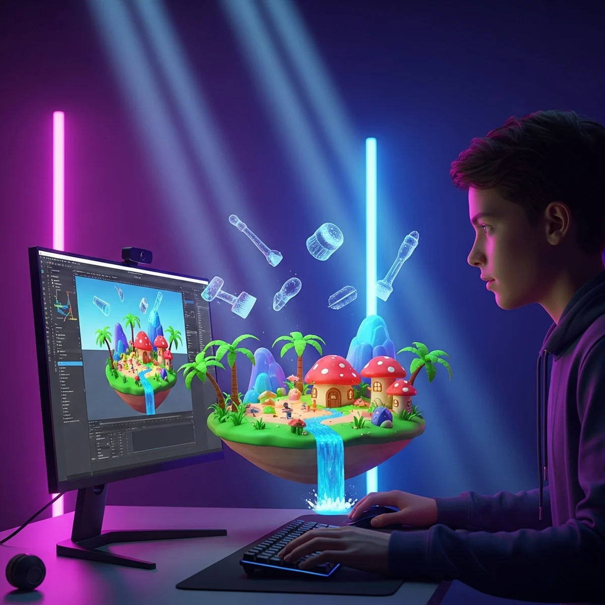 Tela do Unreal Editor for Fortnite com uma ilha em construção no viewport e os painéis de dispositivos abertos ao lado