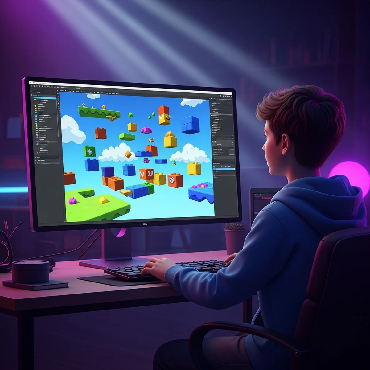 Tela do Roblox Studio com um mapa em construção, blocos coloridos no viewport e os painéis Explorer e Properties abertos ao lado