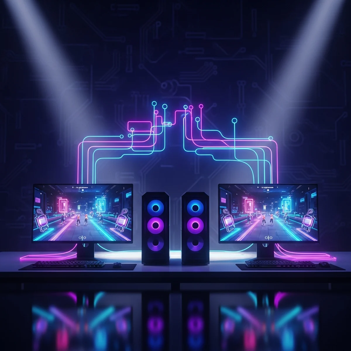 Dois computadores conectados por linhas de rede brilhantes exibindo o mesmo jogo multiplayer