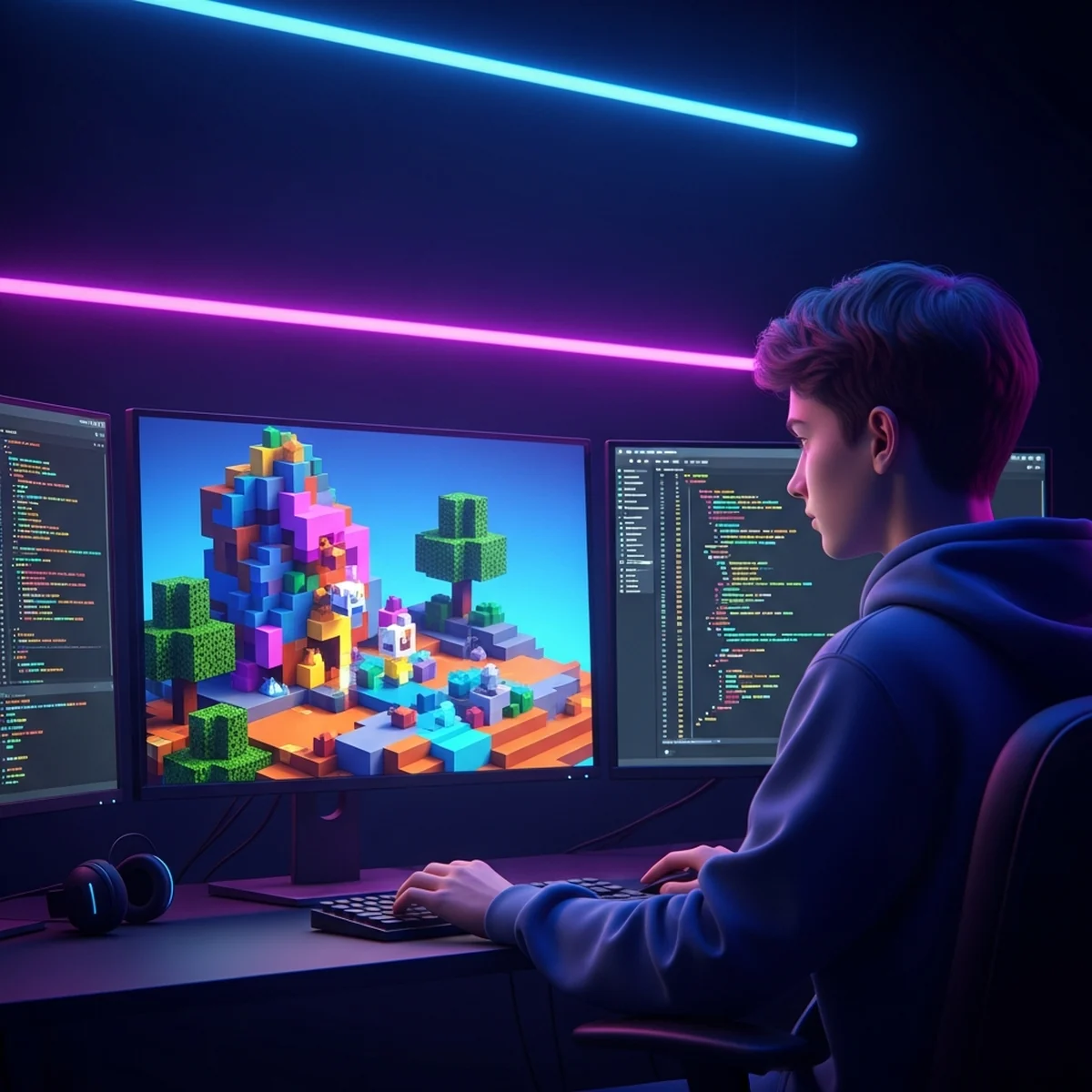 Tela de computador com blocos de Minecraft e código ao lado, jovem criando um mod